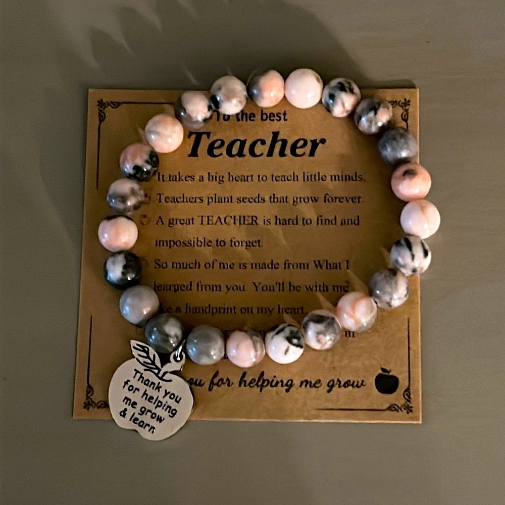 Teacher Appreciation- Pink / Grey Marbled Beaded Bracelet w/ Charm - NWOT